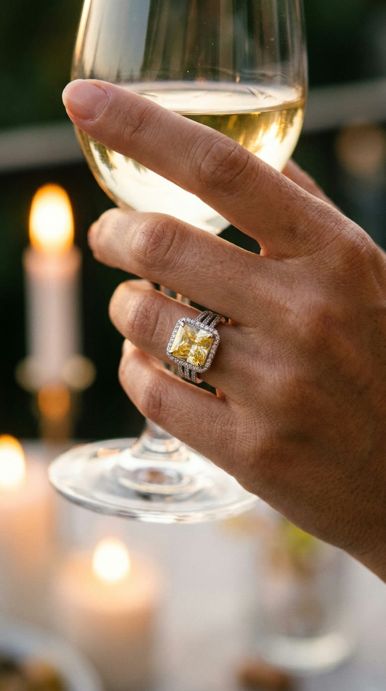 Still di scena Extravaganza Jewels: anello Goccia Halo giallo al calice di vino, sera a lume di candela — generato con AI