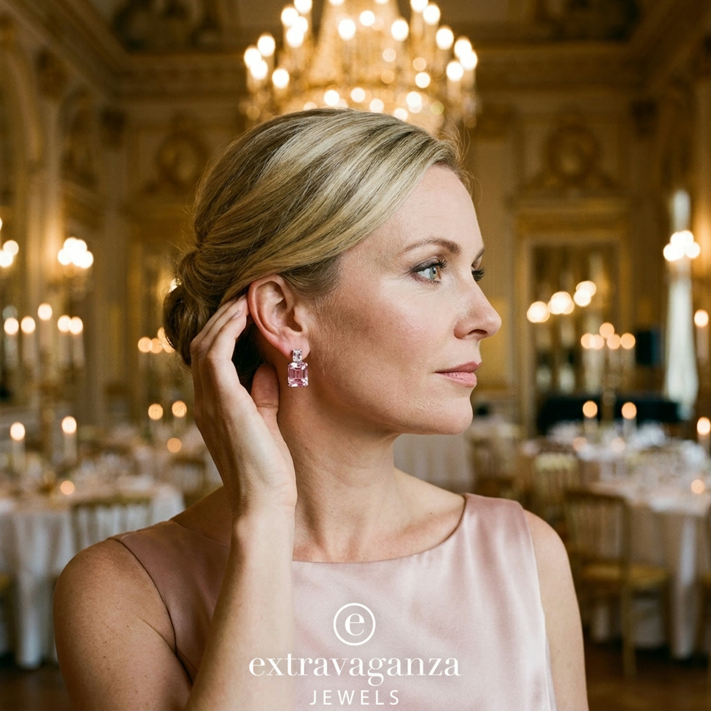 Campagna Extravaganza Jewels: modella con orecchini Duo Emerald rosa, gala in ballroom con lampadari — contenuto generato con AI
